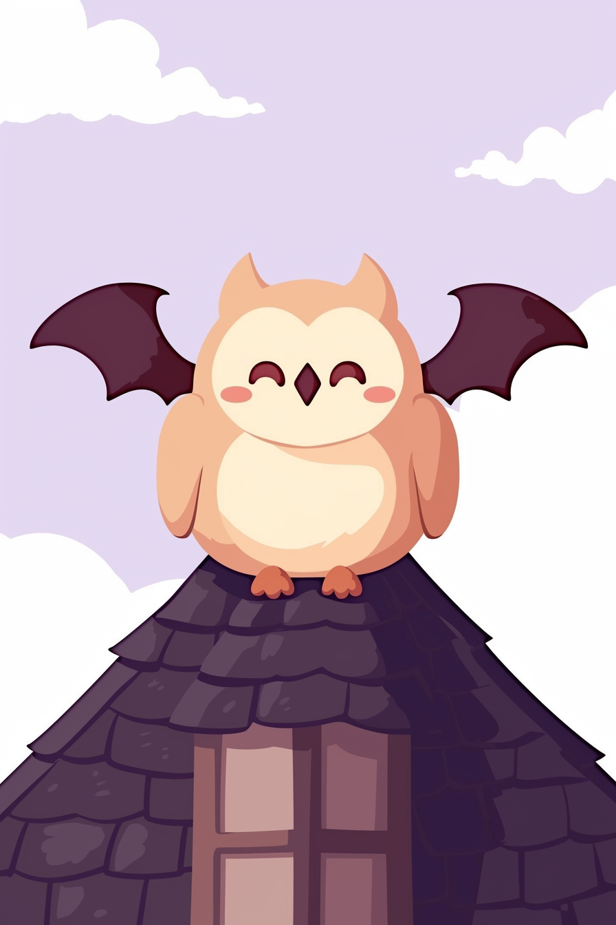 halloween cute animals drawings 2: An adorable owl with bat wings perched atop a spooky house roof. The owl looks cozy and ready for Halloween festivities, depicted against a soft purple sky with fluffy clouds.
